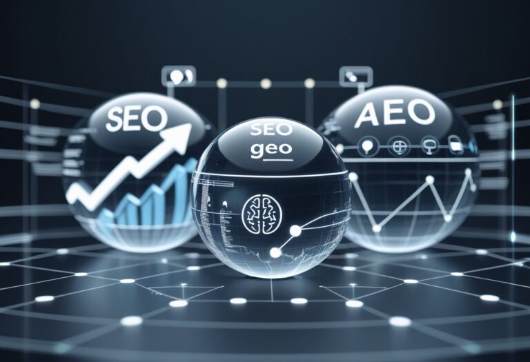 Three glowing spheres representing SEO, GEO, and AEO concepts with symbols like a magnifying glass, globe, and AI brain, connected by light trails on a dark digital grid background.