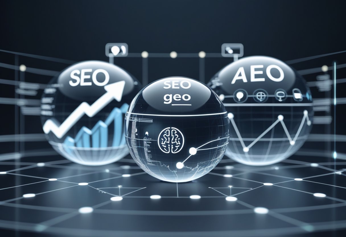 Three glowing spheres representing SEO, GEO, and AEO concepts with symbols like a magnifying glass, globe, and AI brain, connected by light trails on a dark digital grid background.