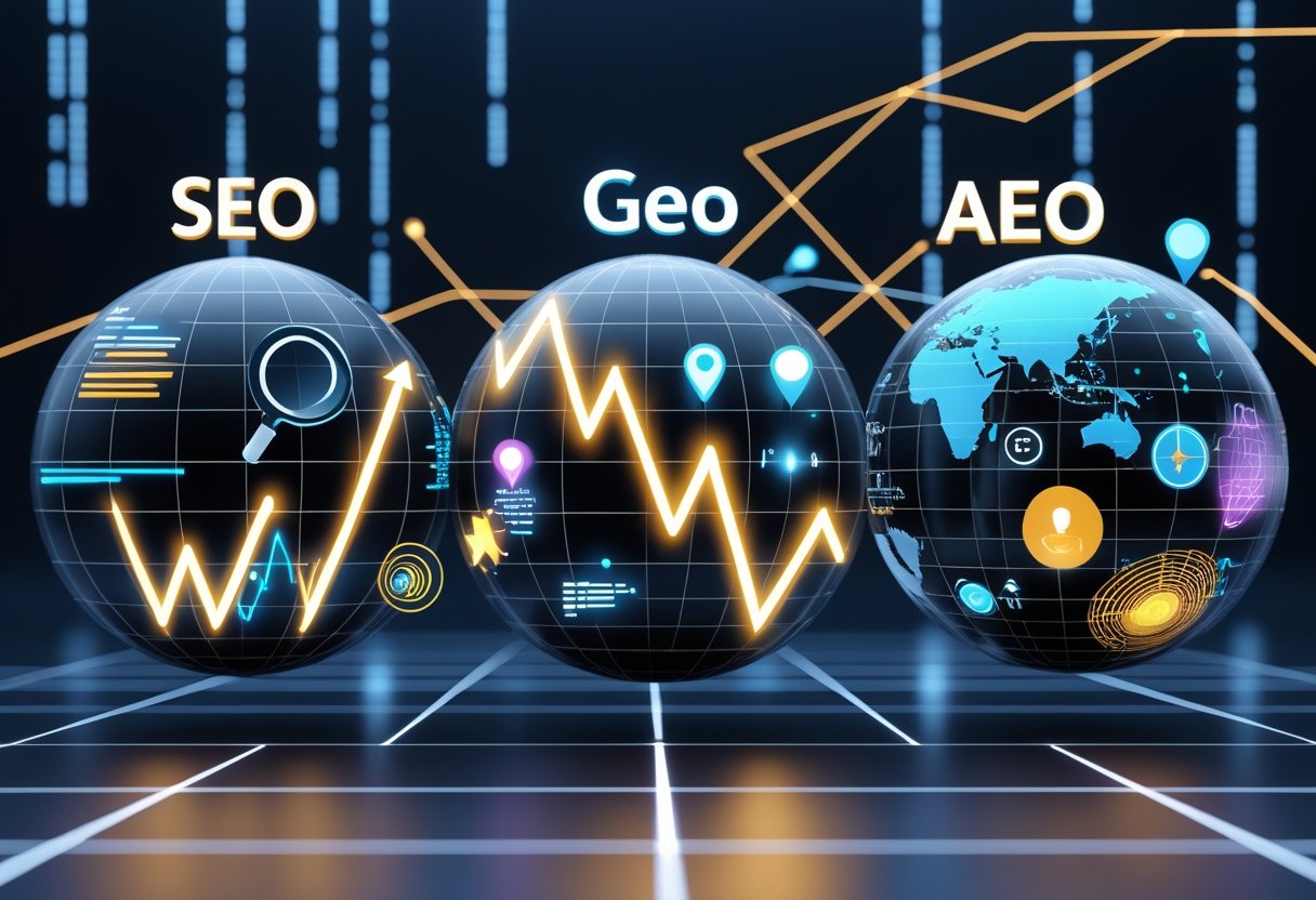 Three interconnected spheres representing SEO, GEO, and AEO with icons for search optimization, geographic location, and AI technology in a dark digital environment.
