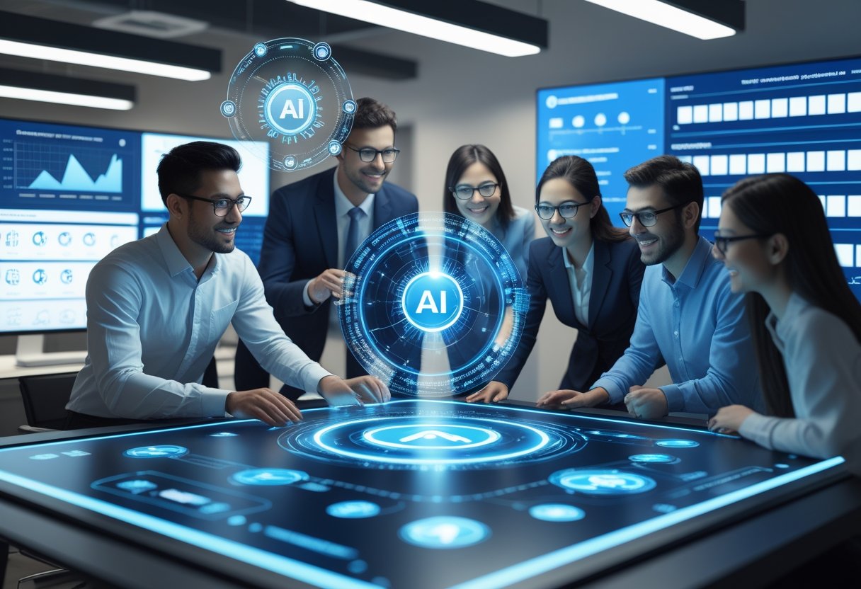 A team of professionals working together around a digital touchscreen table displaying SEO data and AI visualizations in a modern office.