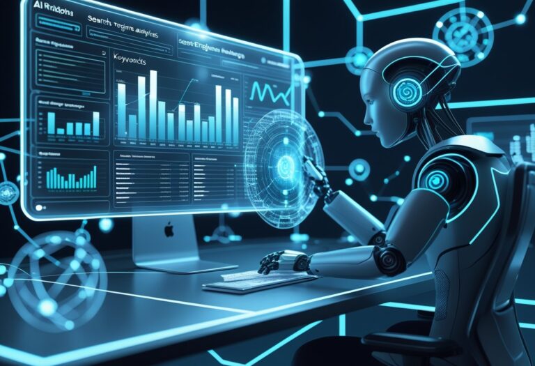 A 3D scene showing a humanoid AI robot interacting with floating holographic screens displaying SEO data and analytics in a futuristic digital workspace.