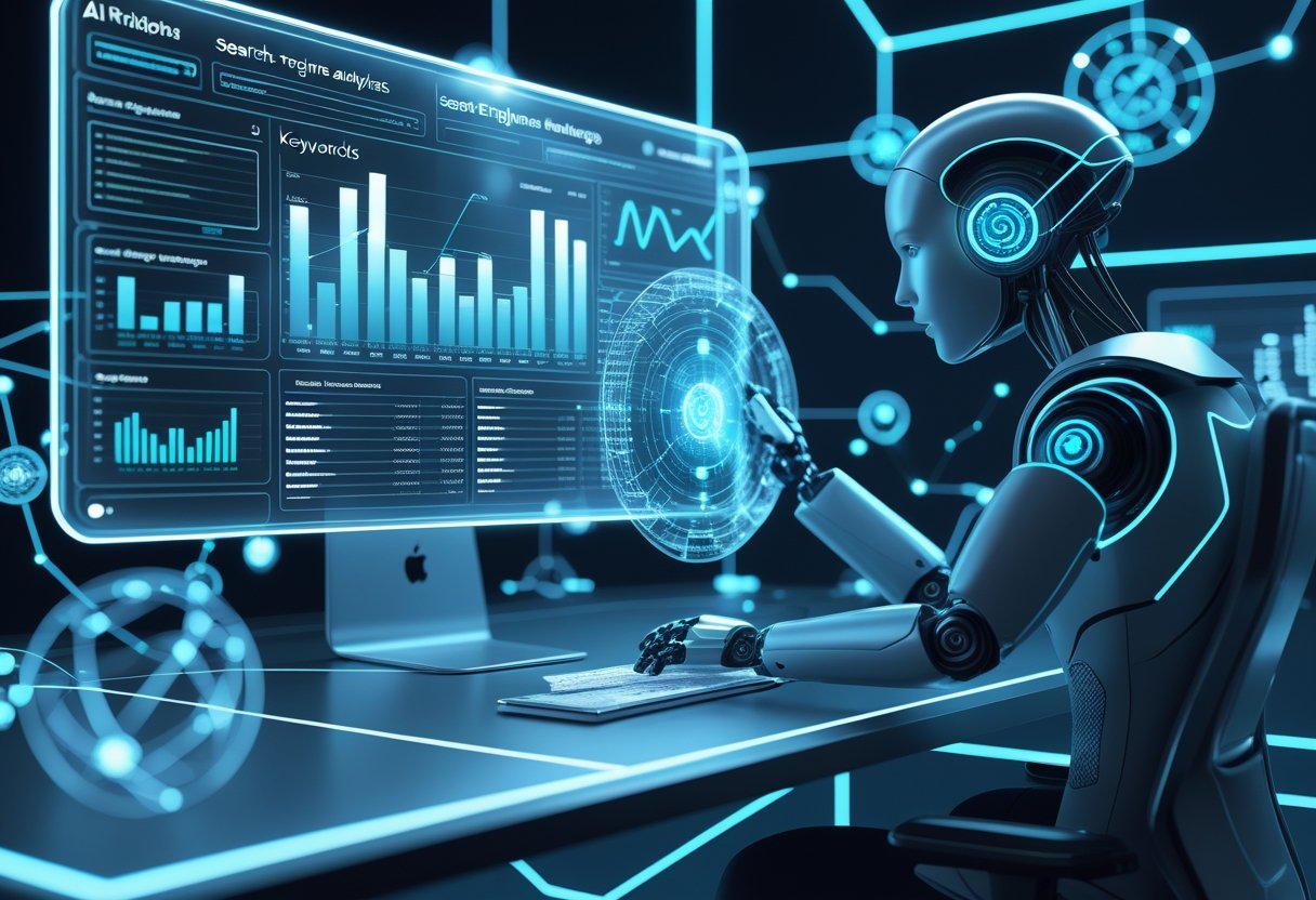 A 3D scene showing a humanoid AI robot interacting with floating holographic screens displaying SEO data and analytics in a futuristic digital workspace.