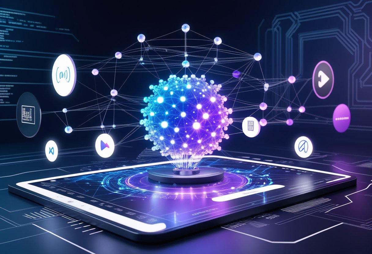 A 3D scene showing a glowing neural network surrounded by floating geometric shapes and data streams in a dark, futuristic digital environment.