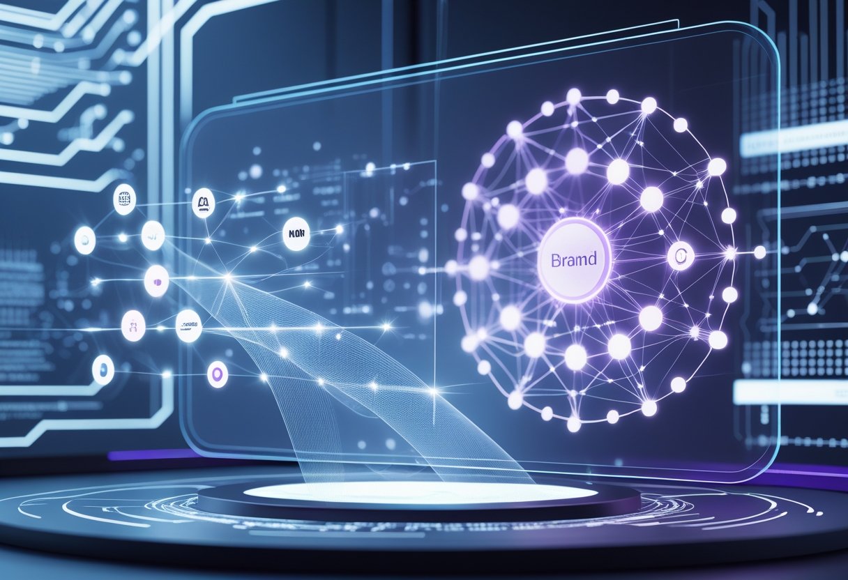 A futuristic digital workspace showing glowing brand icons connected by light trails on one side and a glowing neural network structure on the other, representing brand signals interacting with a large language model.