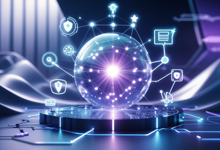 A 3D scene showing interconnected glowing nodes and abstract icons around a glowing central sphere, representing digital brand signals influencing a large language model.