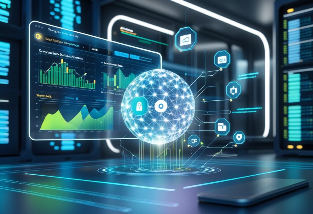A 3D scene showing a futuristic digital workspace with holographic charts and a glowing neural network orb representing AI processing paid search campaign data.