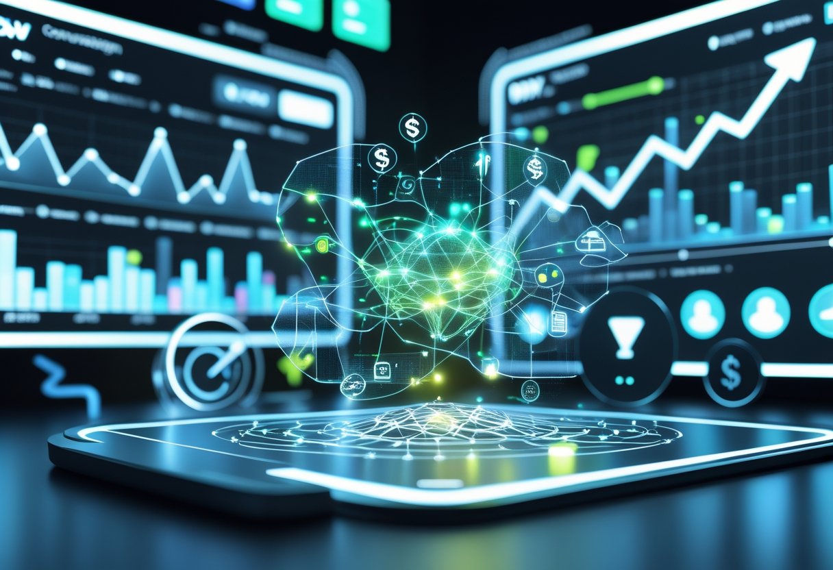 A 3D scene showing a futuristic digital workspace with holographic screens displaying graphs and AI neural networks processing conversion data for paid search optimization.