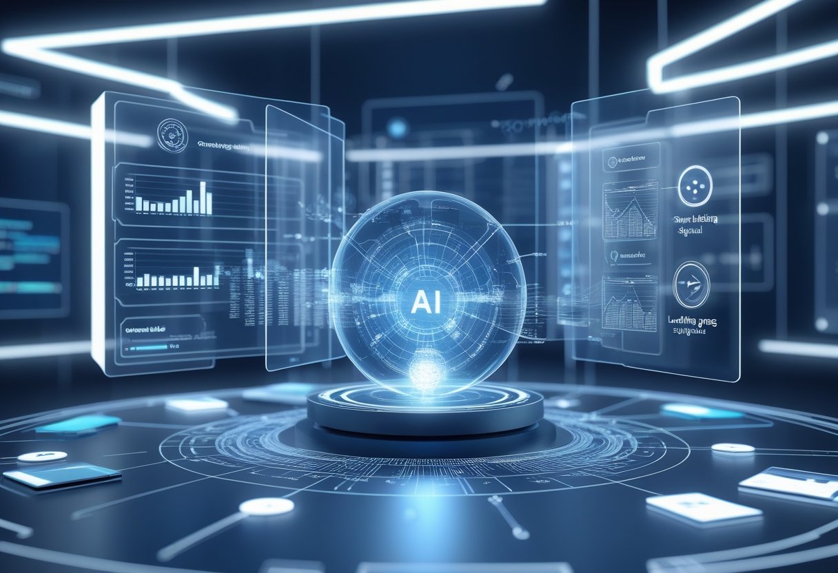 A 3D scene showing a futuristic AI core surrounded by floating data panels representing smart bidding, audience signals, and landing page optimization, with digital data streams flowing into the core.