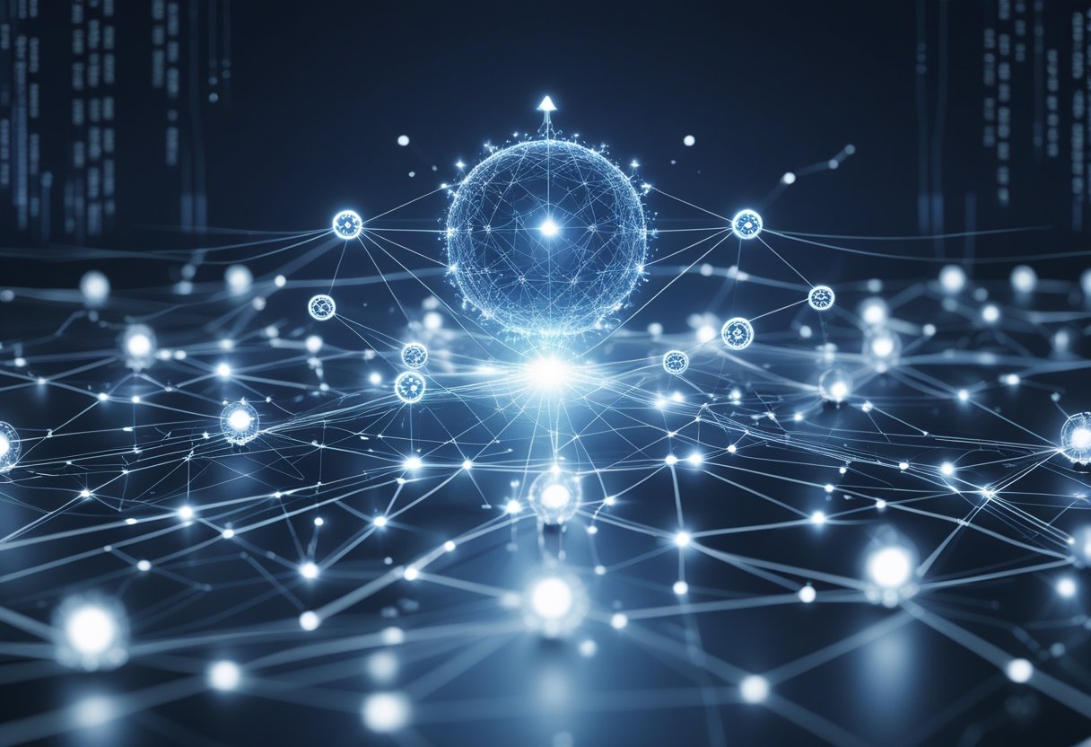A 3D digital network with interconnected glowing nodes and data streams representing entity connections in SEO.