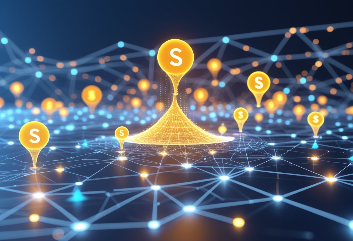 A 3D scene showing glowing interconnected nodes representing entities, with faded keyword symbols in the background, highlighting the shift in SEO focus.