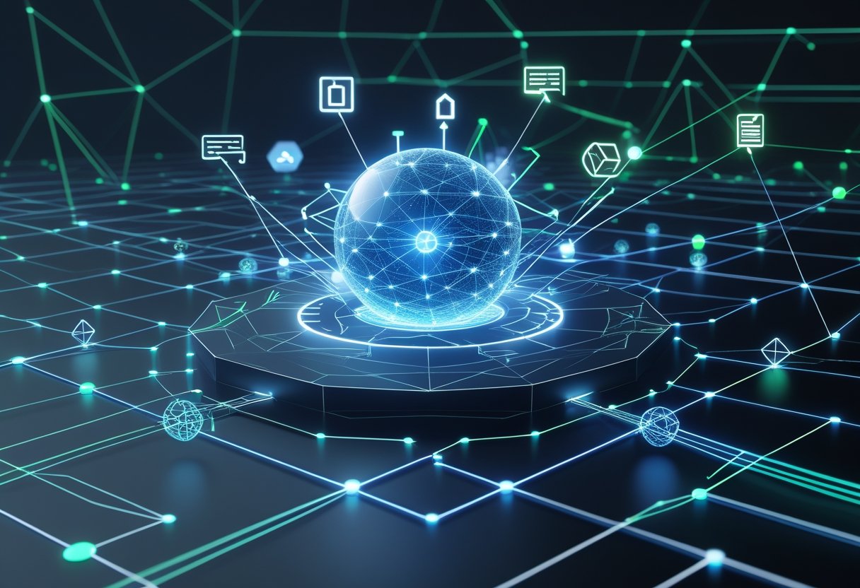 A 3D digital network with a glowing central sphere connected to multiple smaller nodes by bright lines, symbolizing interconnected entities powering SEO.