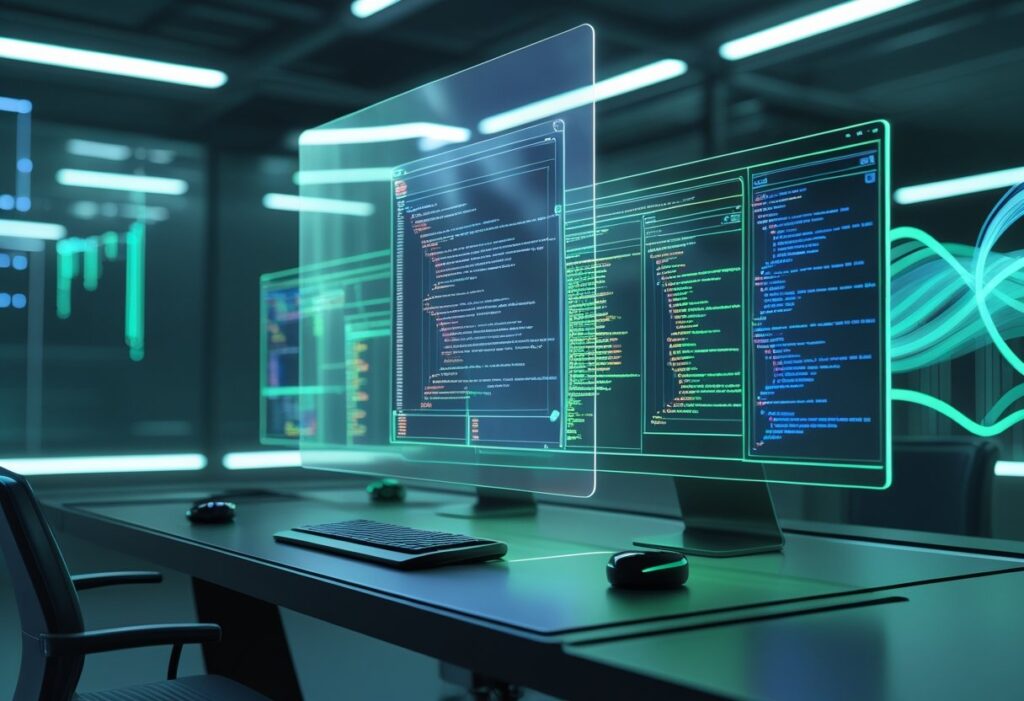 A futuristic digital workspace with holographic screens displaying code and data flows in a dimly lit tech lab.