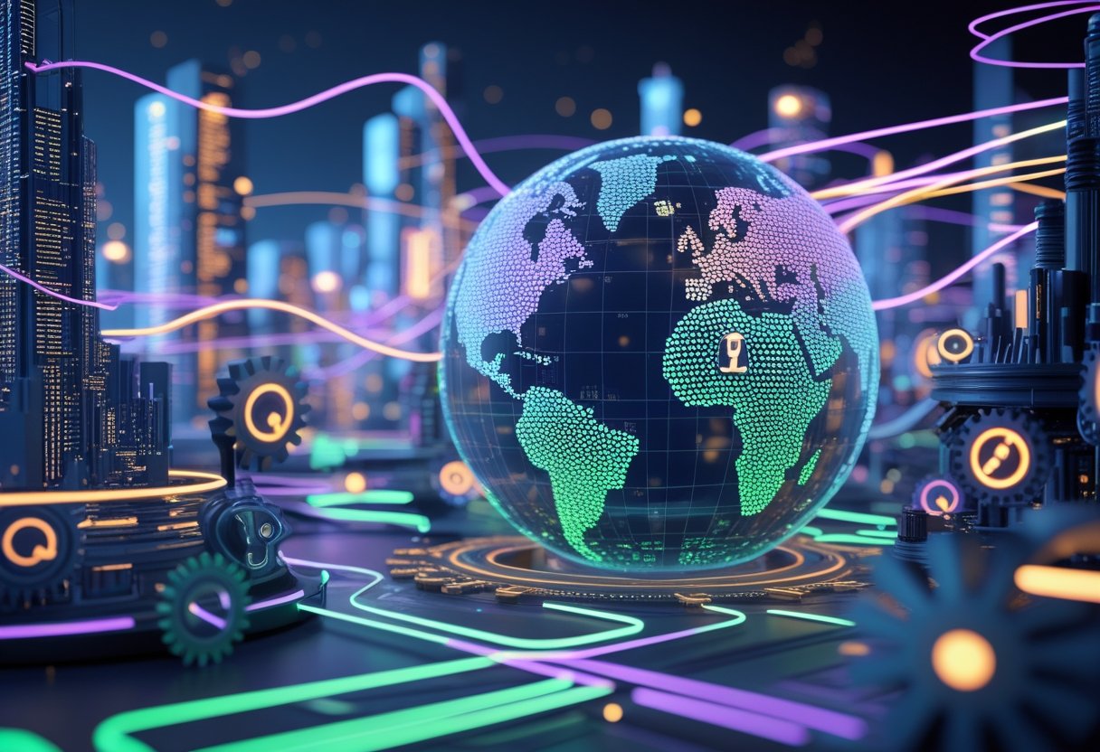 A 3D scene showing a futuristic digital city with glowing nodes, a rotating globe made of code and search symbols, and evolving gears transitioning from mechanical to digital parts.
