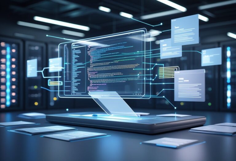 A 3D scene showing a futuristic digital workspace with a holographic interface displaying code and data, surrounded by floating digital files, set in a high-tech server room.