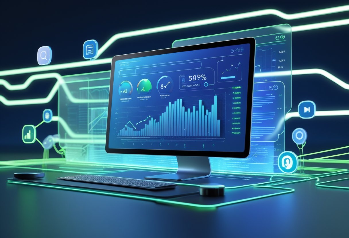 A 3D digital scene showing the evolution of SEO with a modern computer screen, holographic elements of past SEO practices, and floating icons representing search engines and technology connected by glowing pathways.