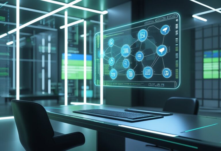 A futuristic digital workspace with a holographic interface displaying interconnected data nodes and graphs above a modern desk in a high-tech room.
