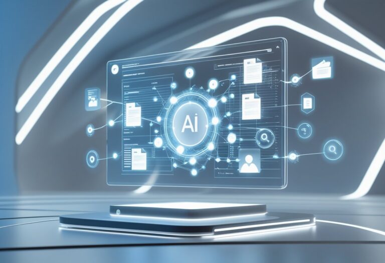 A futuristic digital dashboard with holographic screens showing interconnected data nodes and icons representing AI content selection and display.
